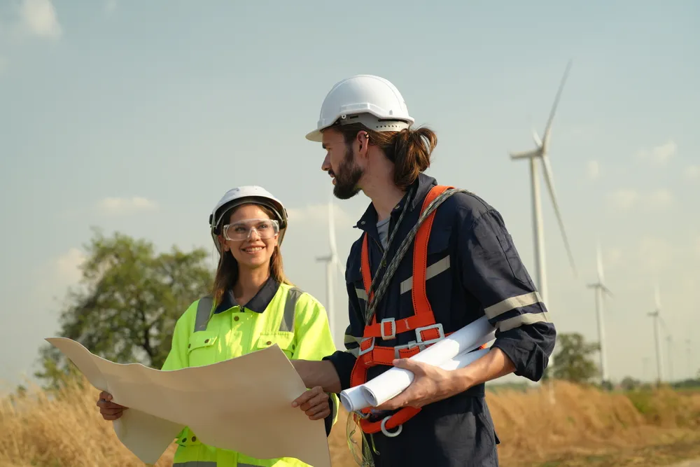 Personas con casco blanco al aire libre revisando los planos de uno de los proyectos medioambientales de la comunidad.