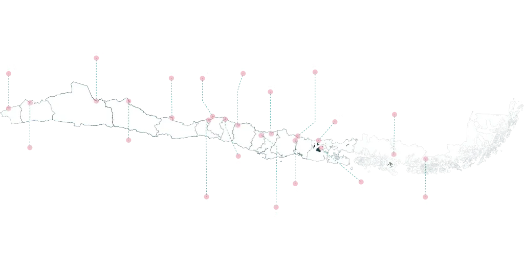 Imagen de un mapa con diferentes puntos marcados que representan las localizaciones de los refugios de montaña de Los 16.