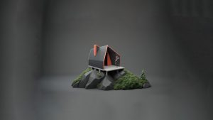 Fondo gris oscuro con la figura de uno de los refugios de alta montaña en color negro y rojo en el centro.