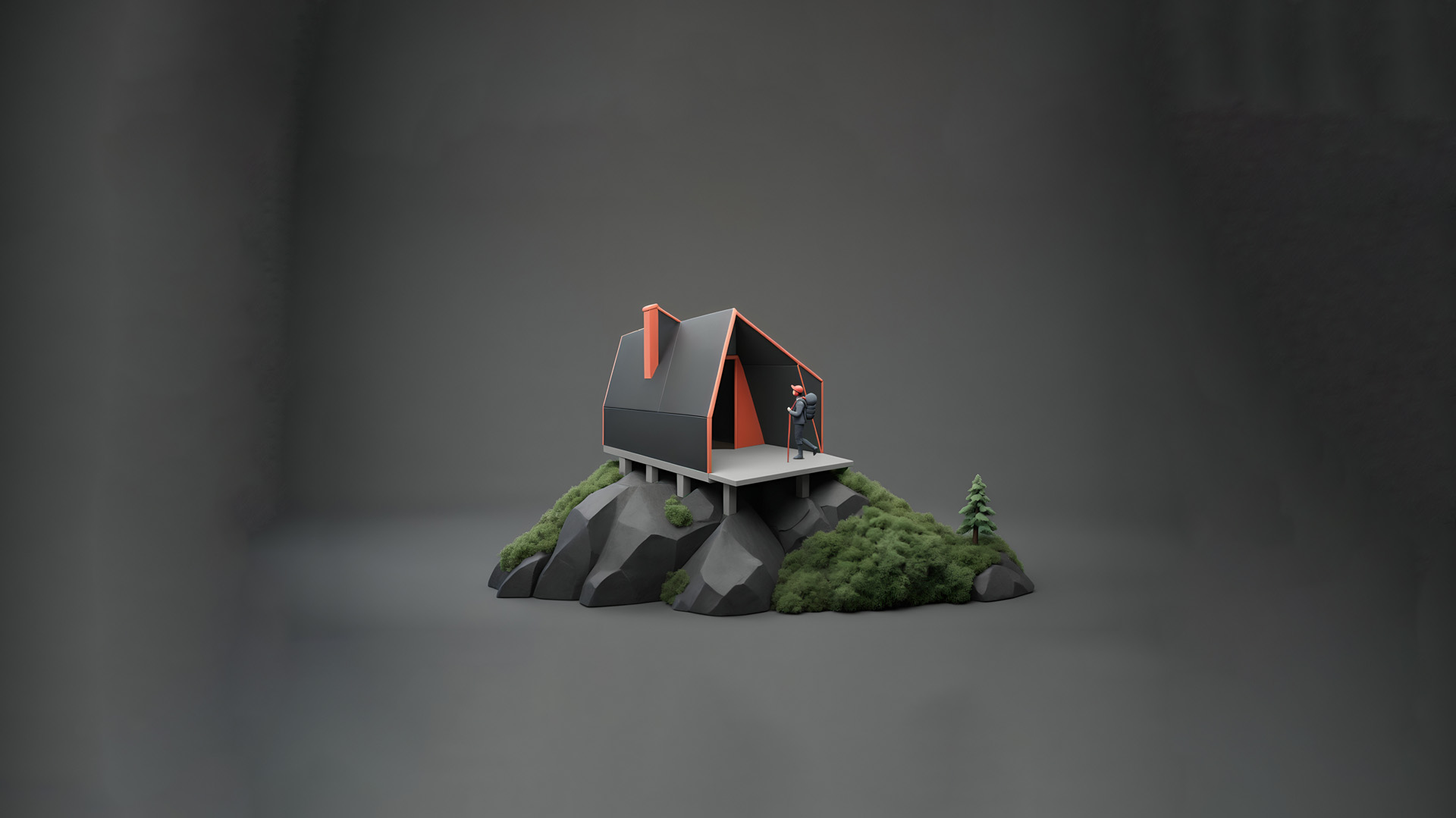 Fondo gris oscuro con la figura de uno de los refugios de alta montaña en color negro y rojo en el centro.